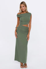Style Archive Off Shoulder Mesh Maxi Dress Olive