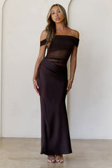 Veiled Whispers Off Shoulder Maxi Dress Brown