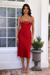 Blooming Relationship Satin Midi Dress Red