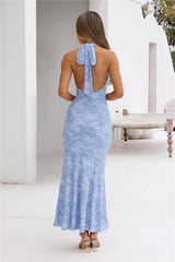 Coconut Whirl Halter Maxi Dress Blue