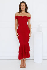Tanisha Off Shoulder Mesh Midi Dress Maroon