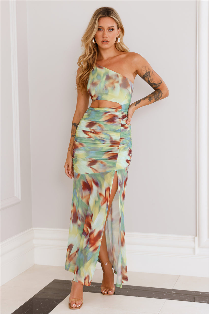 Reward Me One Shoulder Mesh Maxi Dress Green