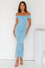 Tanisha Off Shoulder Mesh Midi Dress Blue
