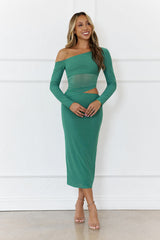 More To Want Long Sleeve Mesh Midi Dress Green