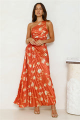 Golden Touch Satin One Shoulder Maxi Dress Rust