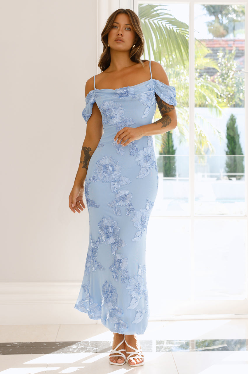 You’re Magic Off Shoulder Mesh Maxi Dress Blue
