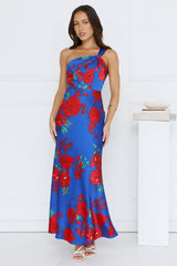 Lady Flower One Shoulder Satin Maxi Dress Blue