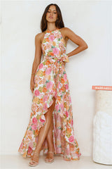 Floral Allure Halter Maxi Dress Orange