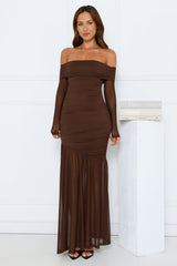 Velour Allure Off Shoulder Maxi Dress Brown