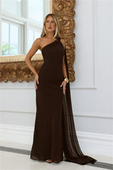 Sultry Drape One Shoulder Maxi Dress Chocolate
