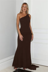 Sultry Drape One Shoulder Maxi Dress Chocolate