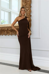 Sultry Drape One Shoulder Maxi Dress Chocolate