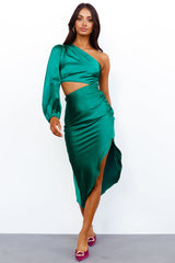 Secret To Tell Satin Midi Dress Green