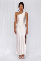 The Aurora One Shoulder Satin Maxi Dress Pearl